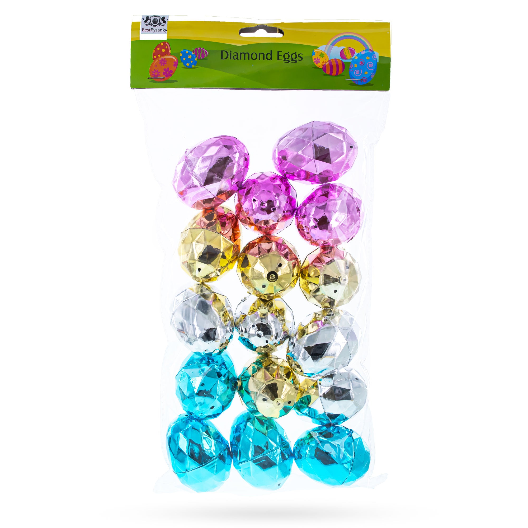 Set of 16 Multicolored Metallic Diamond Plastic Easter Eggs, 2.45 InchesChina , dimensions in inches: 2.45 x 1.85 x 1.85