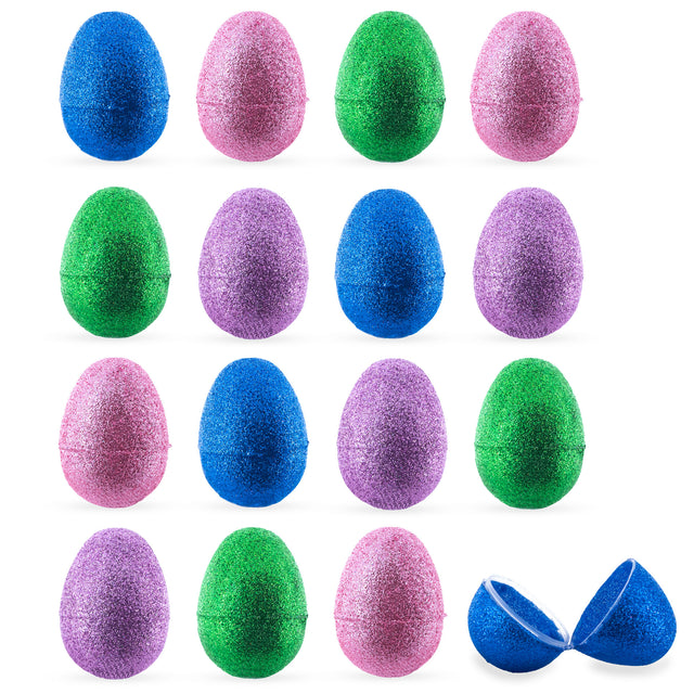 Radiant Easter Delight: Set of 16 Shiny Glittered Multicolored Plastic Easter Eggs, 2.3 Inches in Multi color, Oval shape