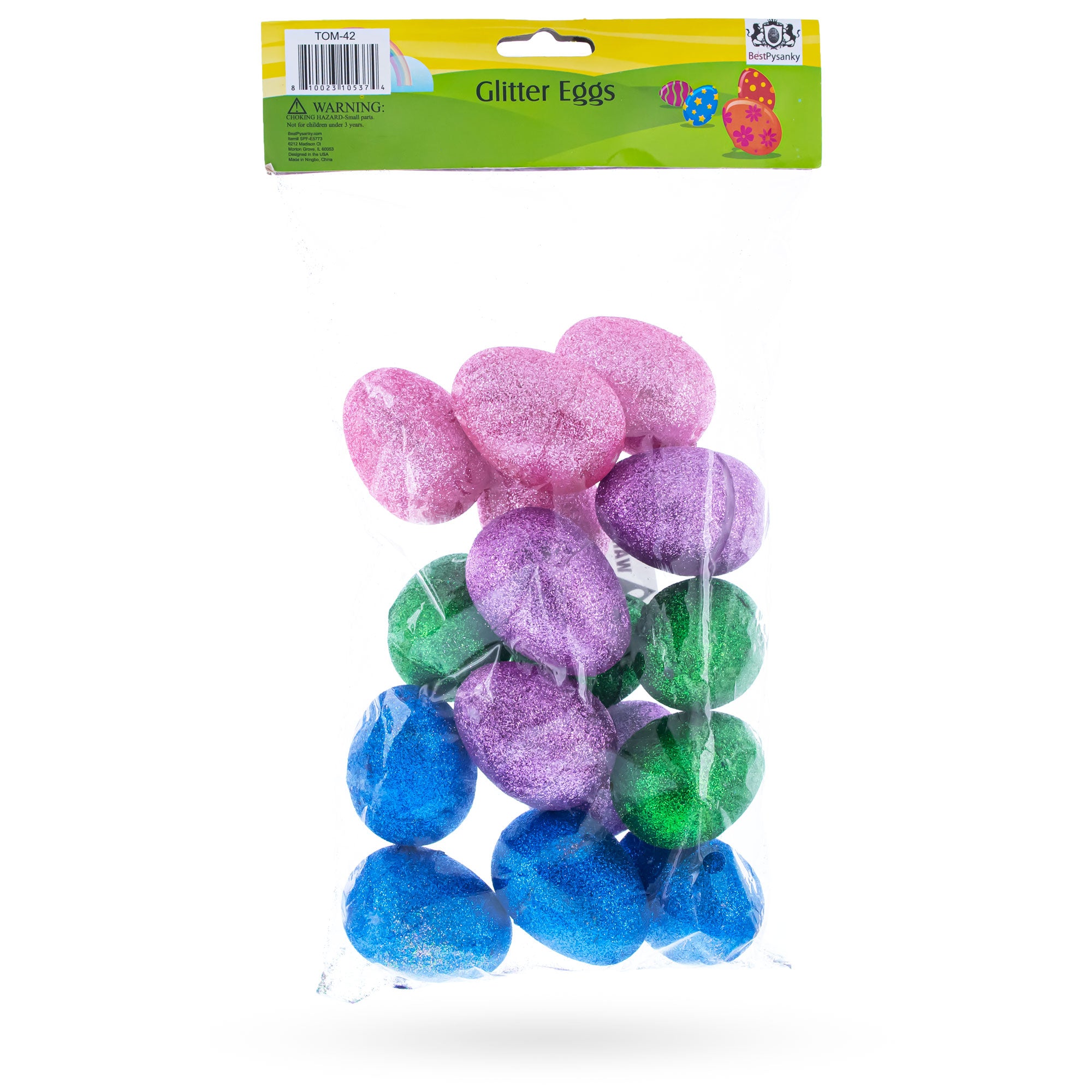 Set of 16 Shiny Glittered Multicolored Plastic Easter Eggs, 2.3 InchesChina , dimensions in inches: 2.3 x 1.7 x 1.7