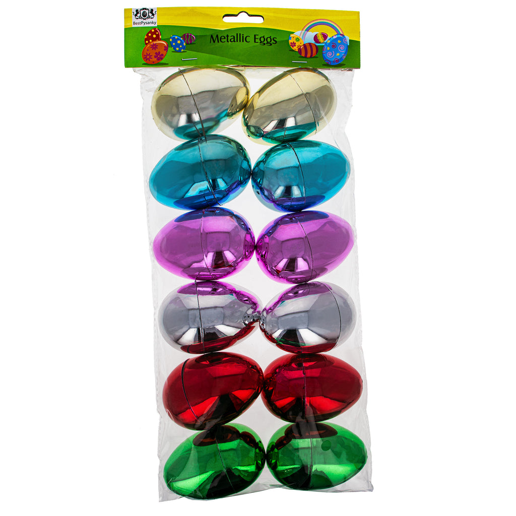 Set of 12 Reflective Metallic Multicolored Plastic Eggs, 3.05 InchesChina , dimensions in inches: 3.05 x 2.1 x 2.1