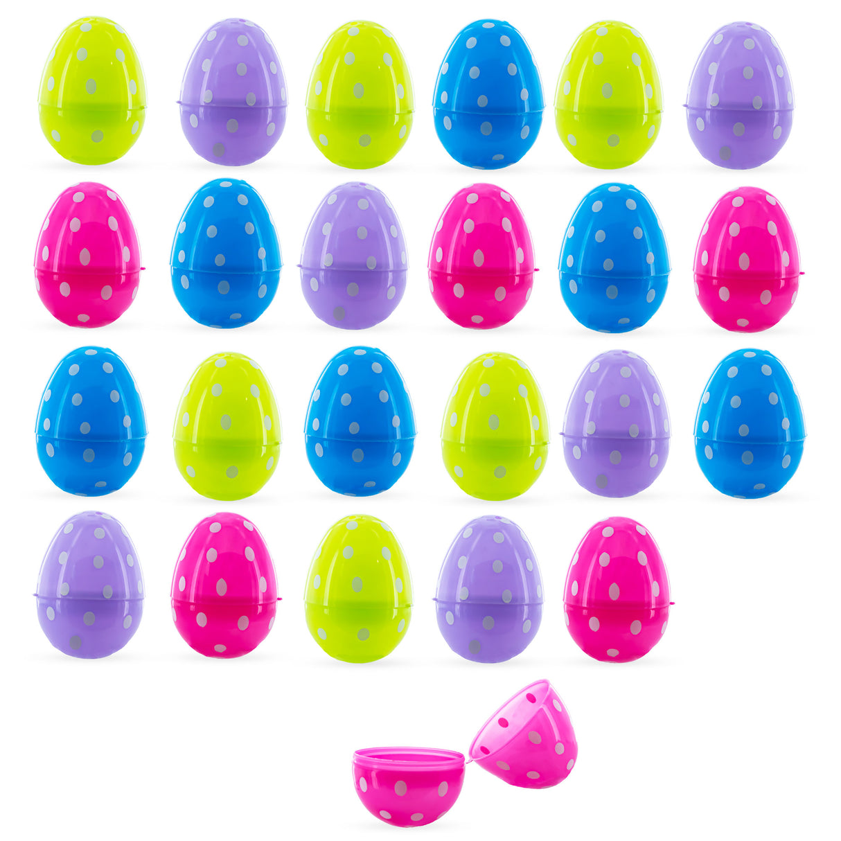 Polka Dot Parade: Set of 24 Colorful Dot Printed Fillable Plastic Easter Eggs 2.25 Inches in Multi color, Oval shape
