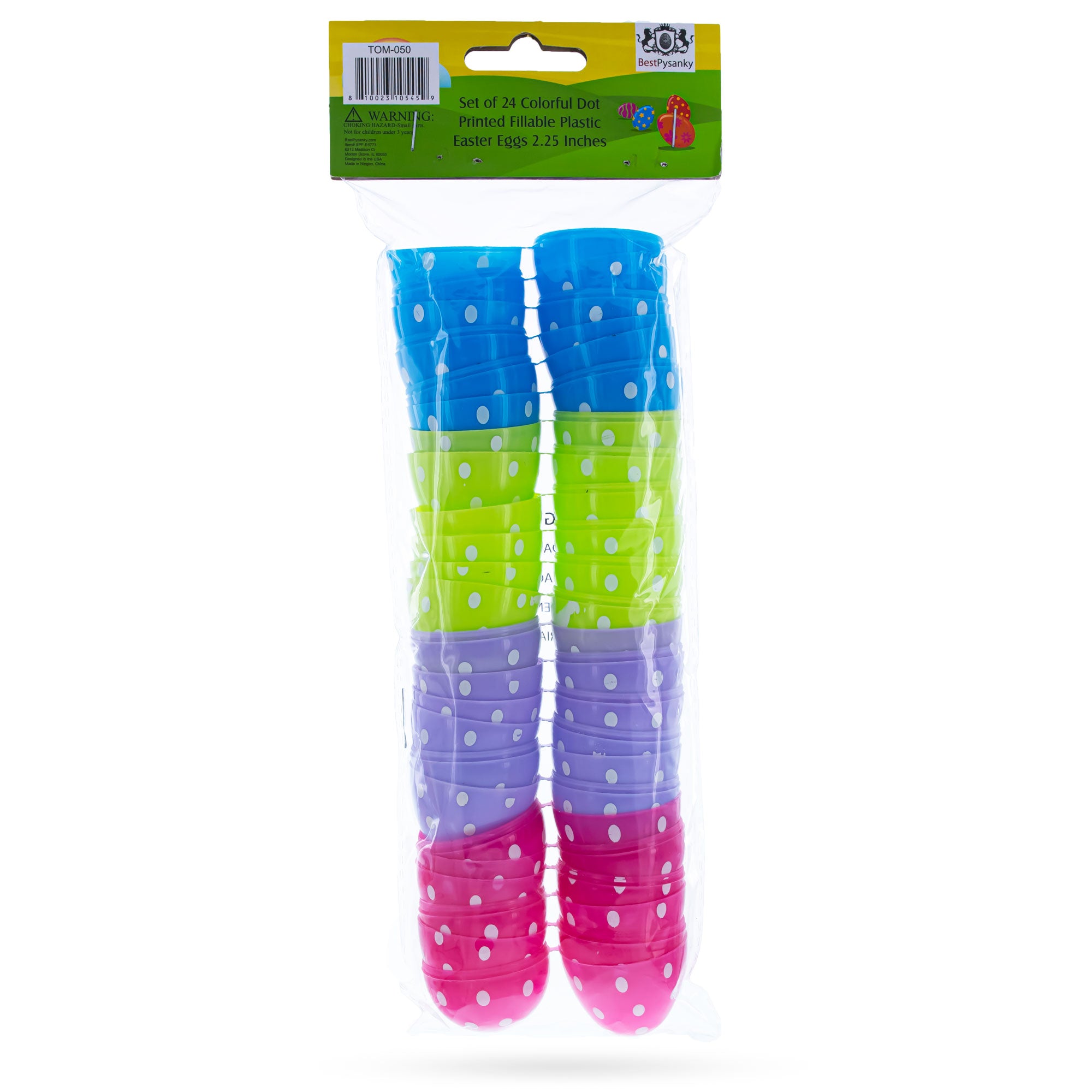 Set of 24 Easter Eggs Fillable Plastic Polka Dot Printed Eggs 2.25 InchesChina , dimensions in inches: 2.25 x 1.7 x 1.7