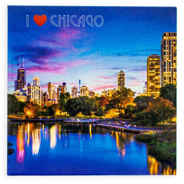 "I Love Chicago" Souvenir Fridge Magnet in Blue color, Square shape