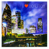 "I Love Houston" Souvenir Refrigerator Magnet in Blue color, Square shape