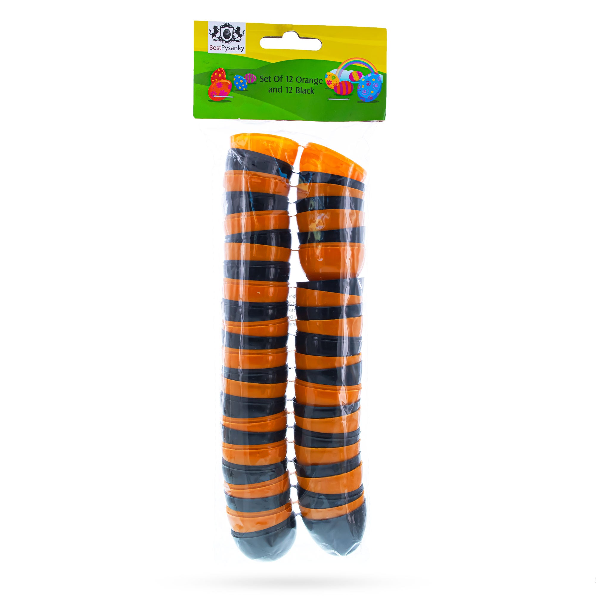 Halloween Theme Set of 12 Orange and 12 Black Plastic Easter Eggs 2.25 InchesChina , dimensions in inches: 2.25 x 1.75 x 1.75