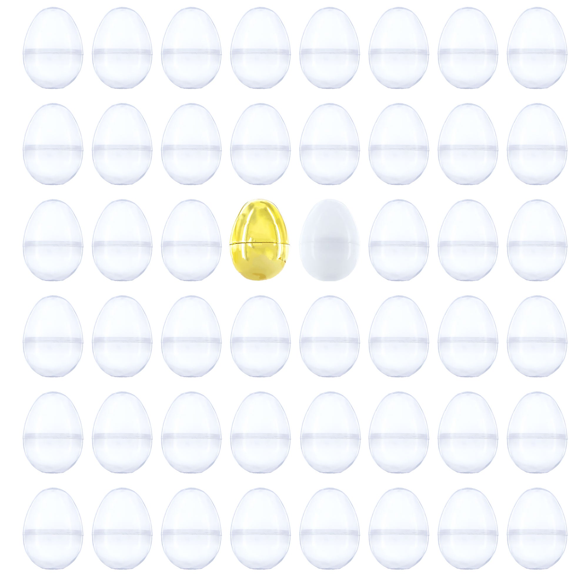 46 Almost Transparent, 1 Gold, and 1 White Plastic Egg in Clear color Oval