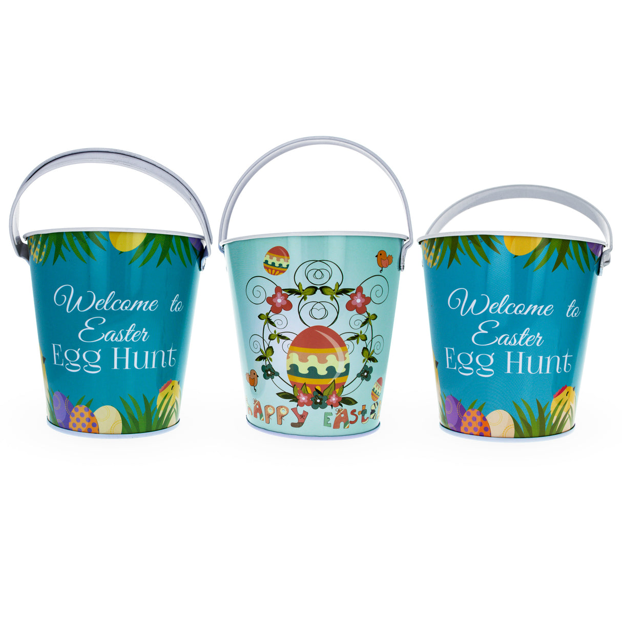 Easter Elegance: Set of 3 Decorative Tin Metal Buckets, Each 6.7 Inches Tall in Multi color,  shape