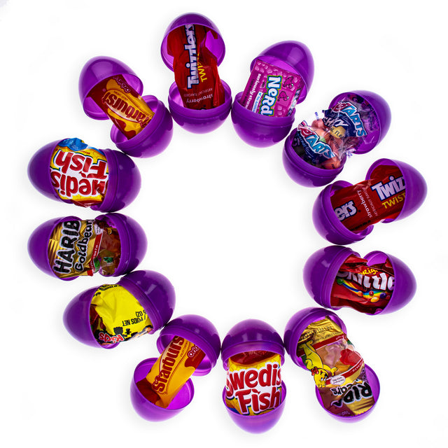12 Purple Plastic Easter Eggs Filled with Premium Candy Delights in Purple color, Oval shape