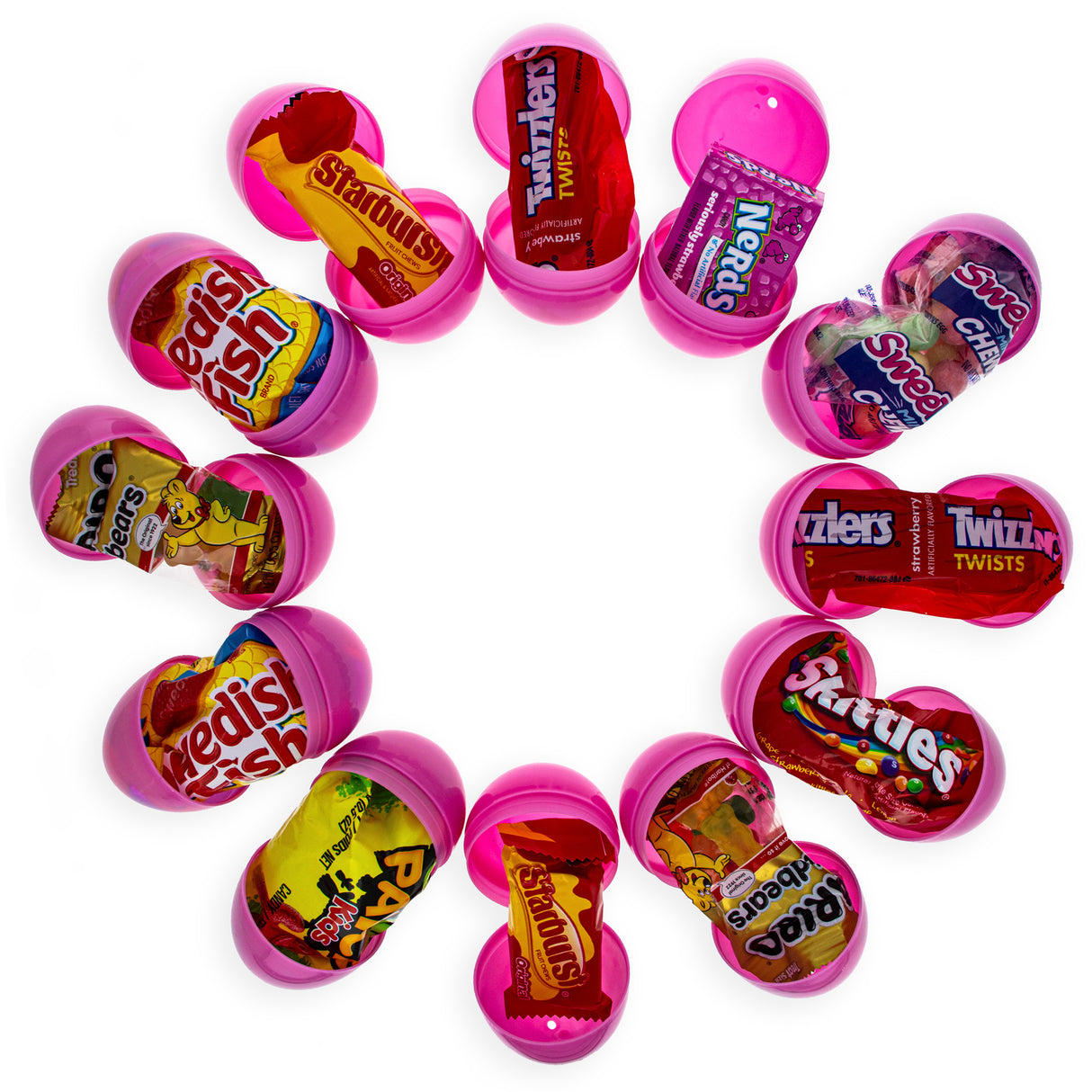 12 Pink Plastic Easter Eggs Filled with Premium Candy Delights in Pink color, Oval shape