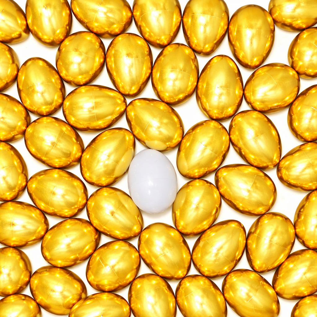 Set of 48 Plastic Eggs: 47 Metallic Gold and 1 Surprise White Egg in Gold color Oval