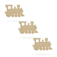 3 Choo-choo Trains Unfinished Wooden Shapes Craft Cutouts DIY Unpainted 3D Plaques 4 Inches in Beige color,  shape