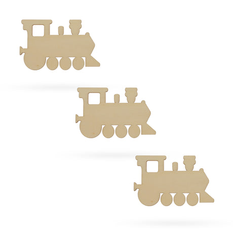 Wood 3 Choo-choo Trains Unfinished Wooden Shapes Craft Cutouts DIY Unpainted 3D Plaques 4 Inches in Beige color