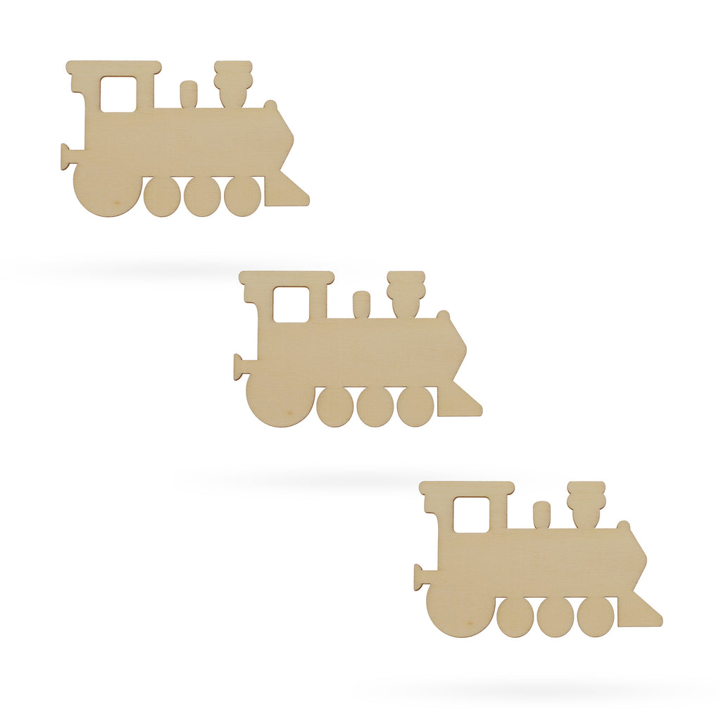 3 Choo-choo Trains Unfinished Wooden Shapes Craft Cutouts DIY Unpainted 3D Plaques 4 Inches in Beige color