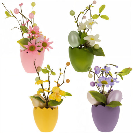 Set of 4 Colorful Spring Flowers with Easter Eggs 7 Inches in Multi color