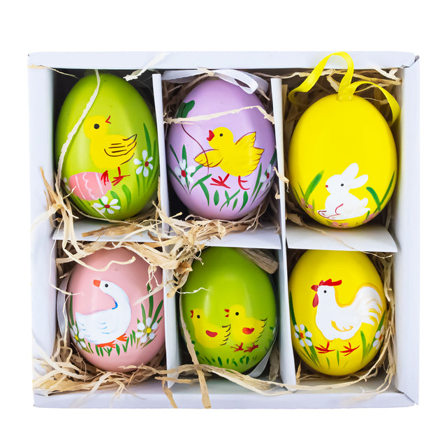 Set of 6 Real Eggshell Bunny, Chick and Goose Easter Egg Ornaments in Multi color Oval