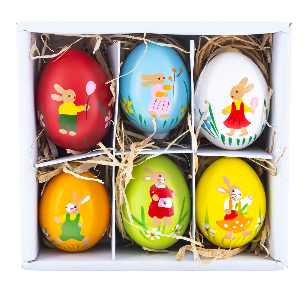 Set of 6 Real Eggshell Bunny, Chick and Goose Easter Egg Ornaments in Multi color Oval