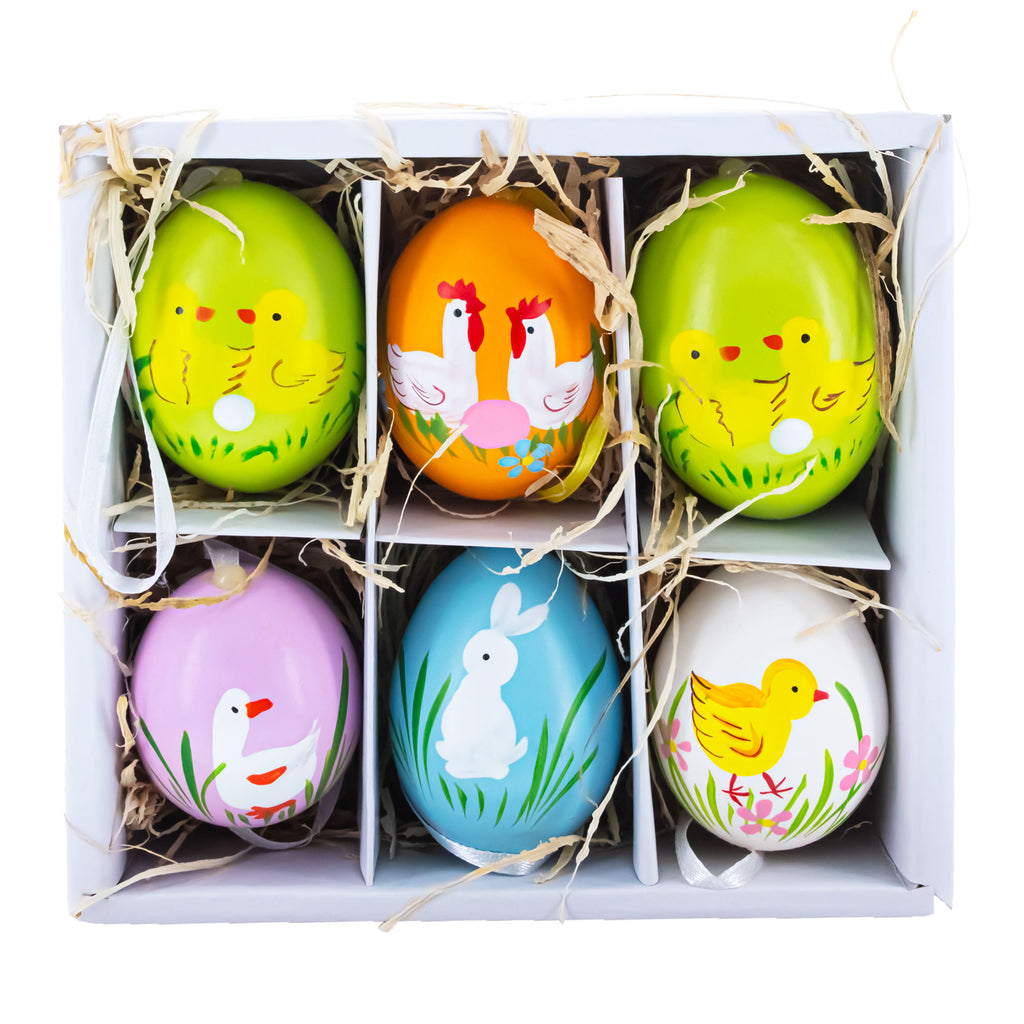 Set of 6 Real Eggshell Bunny, Chick and Goose Easter Egg Ornaments in Multi color Oval