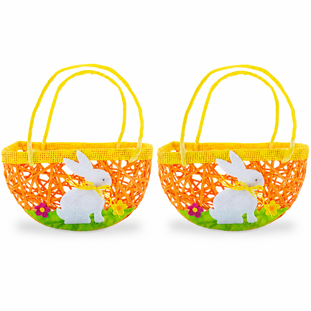 Set of 2 Easter Bunny Egg Hunt Baskets With Floral Accent 6 Inches Tall in Multi color