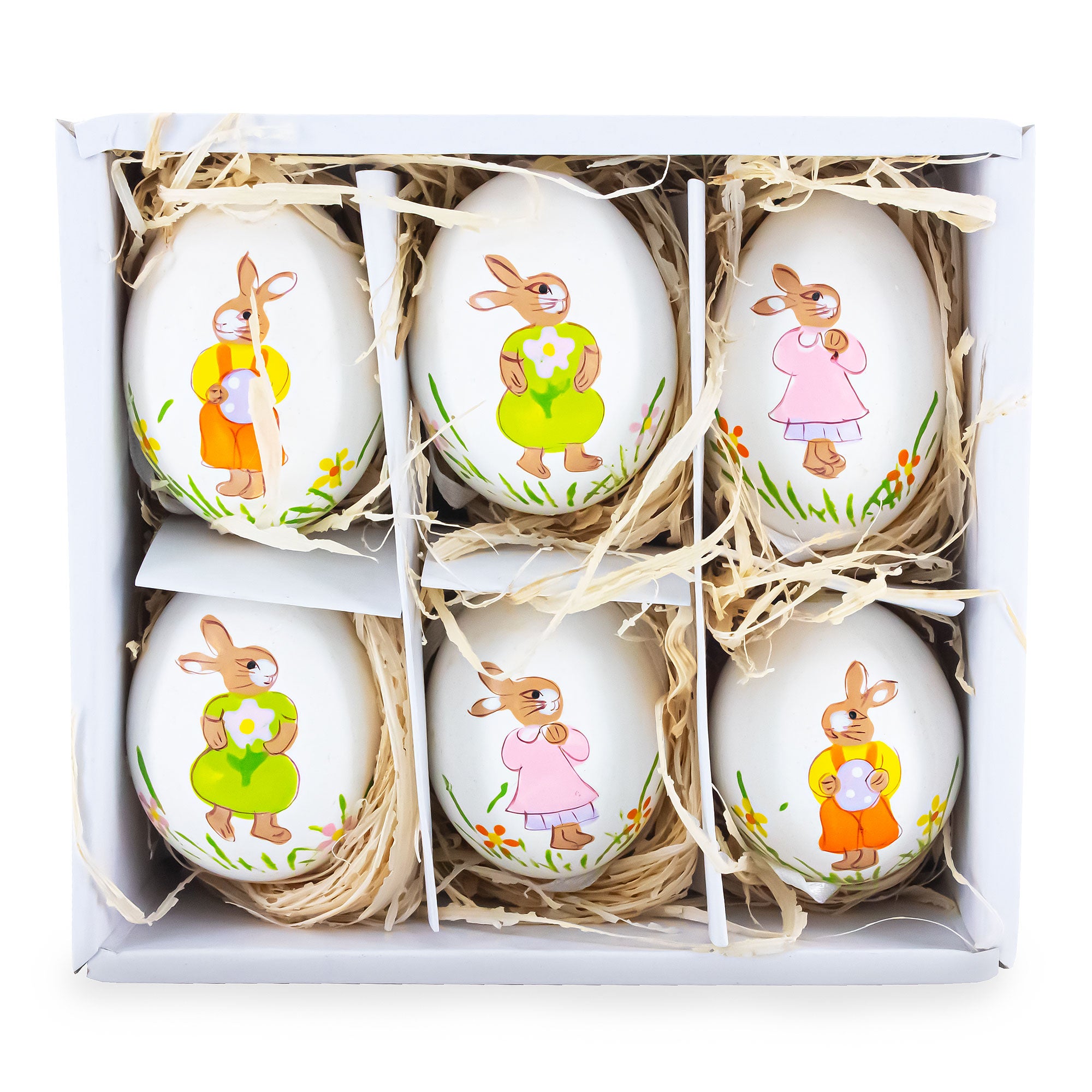 Set of 6 Real Eggshell Hand Painted Bunny Easter Egg Ornaments 2.5 Inches in White color Oval