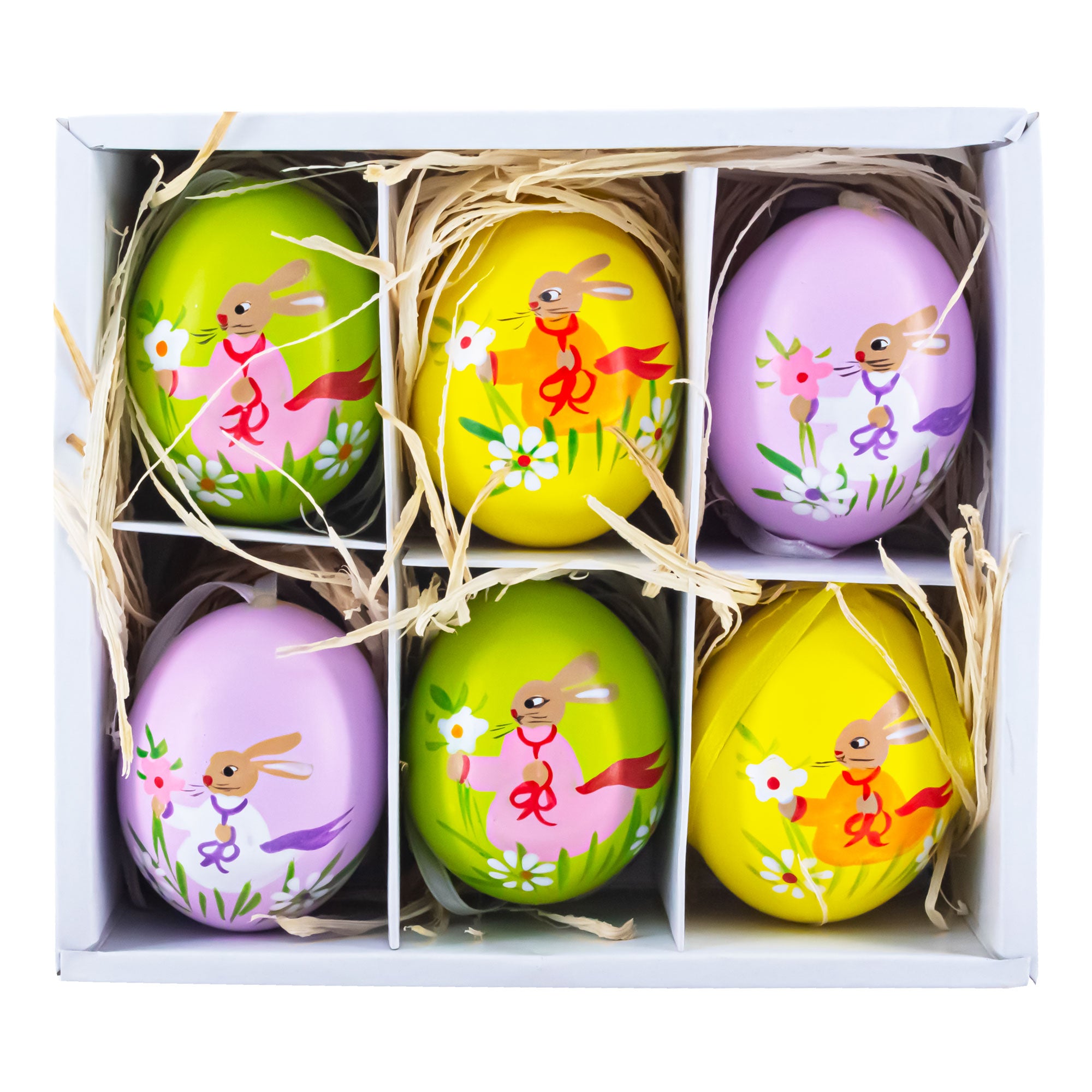 Set of 6 Real Eggshell Bunny and Flowers Pysanky Easter Egg Ornaments 2.5 Inches in Multi color Oval