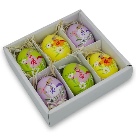 Set of 6 Real Eggshell Bunny and Flowers Pysanky Easter Egg Ornaments 2.5 Inches in Multi color, Oval shape