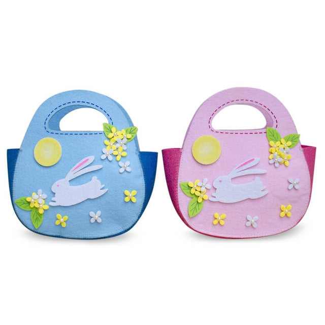 Fabric Set of 2 Easter Baskets White Bunnies Pink and Blue Felt Totes 7.5 Inches in Multi color
