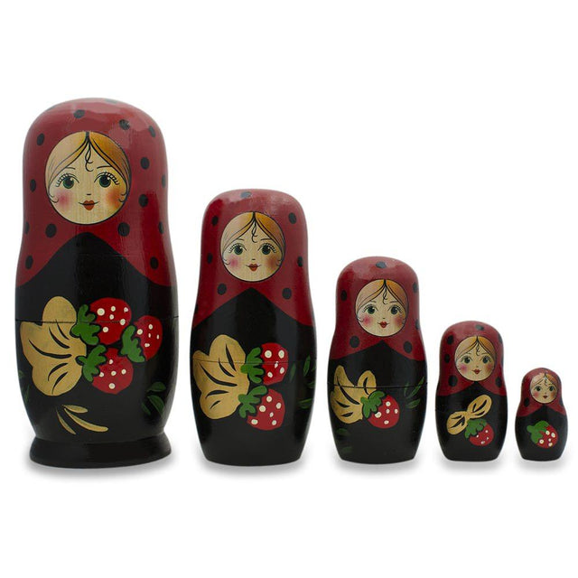 Set of 5 Red Strawberries on Black Nesting Dolls 6.5 Inches in Red color,  shape
