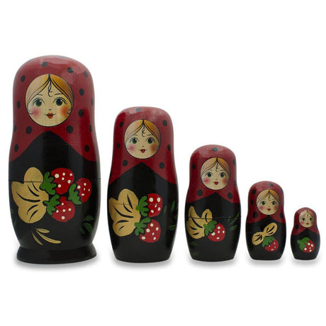 Wood Set of 5 Red Strawberries on Black Nesting Dolls 6.5 Inches in Red color