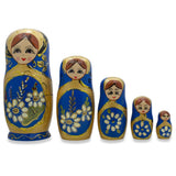 Set of 5 White Flowers on Blue Nesting Dolls 6.5 Inches in Blue color