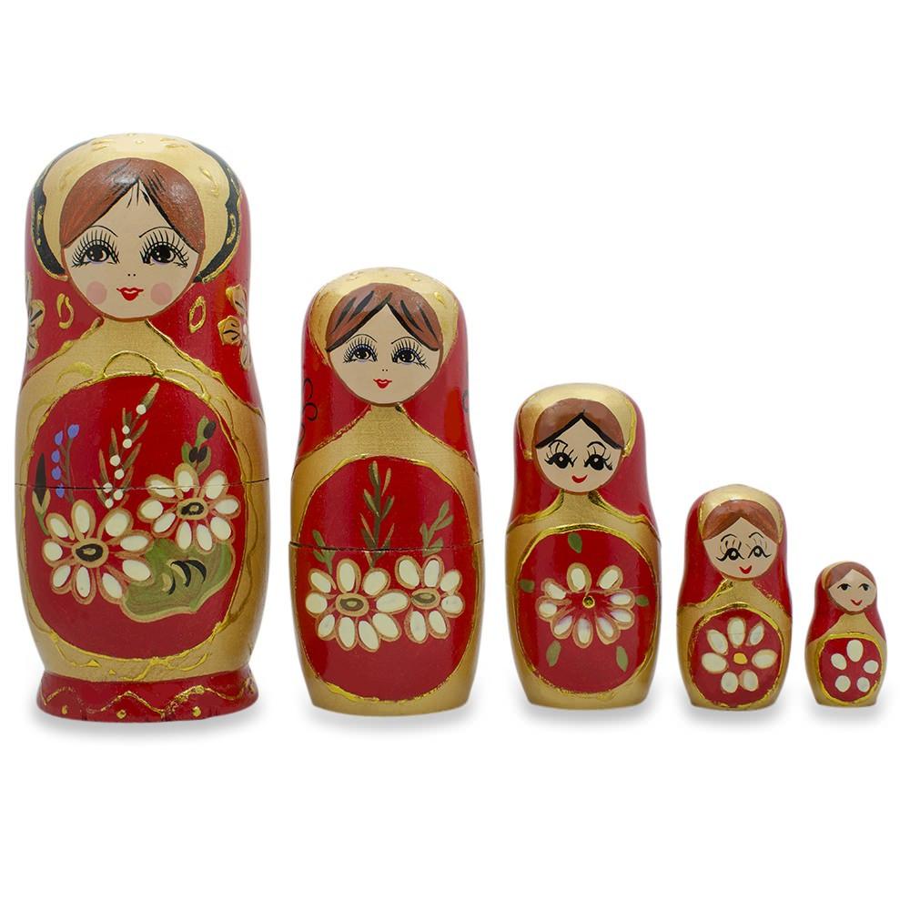 Set of 5 White Flowers on Red Nesting Dolls 6.5 Inches in Red color