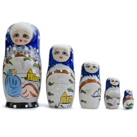 Set of 5 Winter Village Scene Nesting Dolls  6.5 Inches in White color