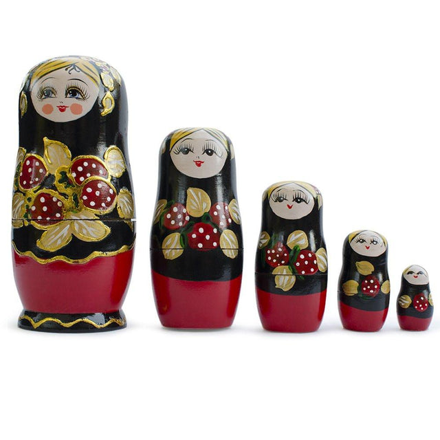 Wood Set of 5 Strawberries Nesting Dolls Matryoshka 6.5 Inches in Black color