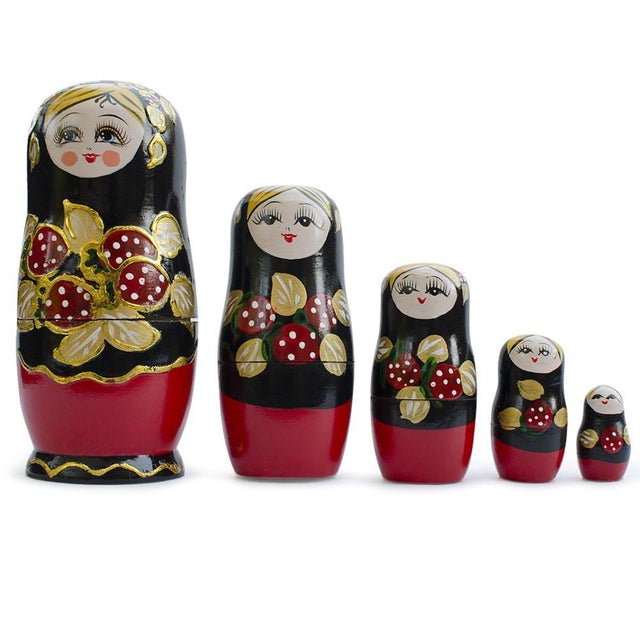 Set of 5 Strawberries Nesting Dolls Matryoshka 6.5 Inches in Black color