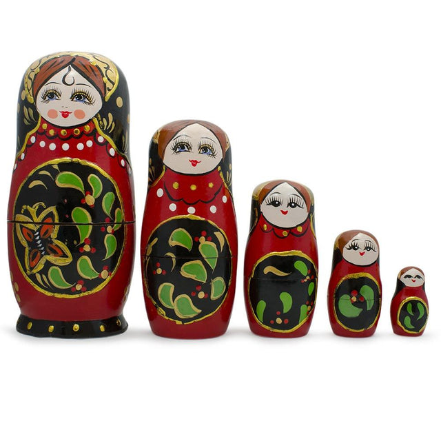 Wood Set of 5 Red & Black Wooden Nesting Dolls Matryoshka 6.5 Inches in Red color