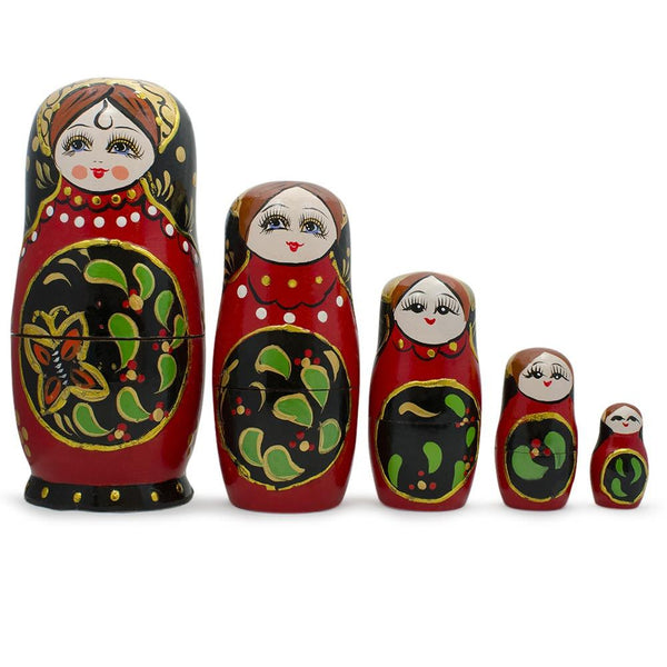 Set of 5 Red & Black Wooden Nesting Dolls Matryoshka 6.5 Inches in Red color,  shape