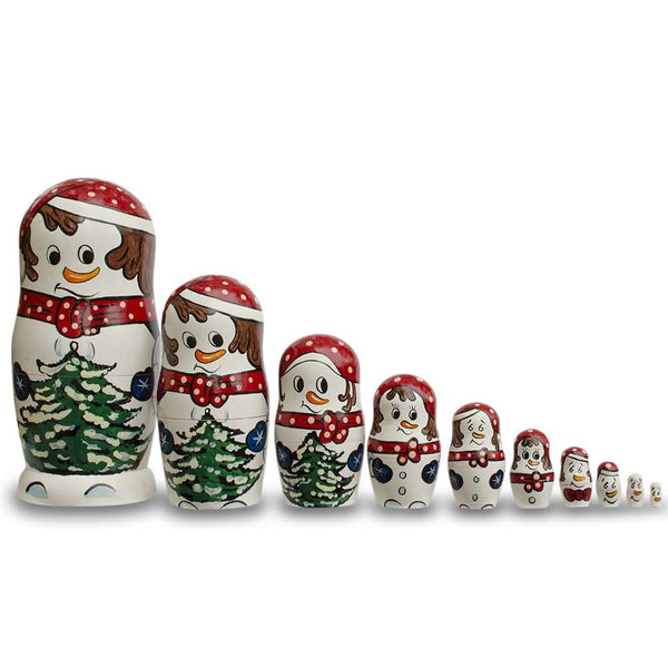 Set of 10 Snowmen with Christmas Tree Wooden Nesting Dolls 10.25 Inches by BestPysanky