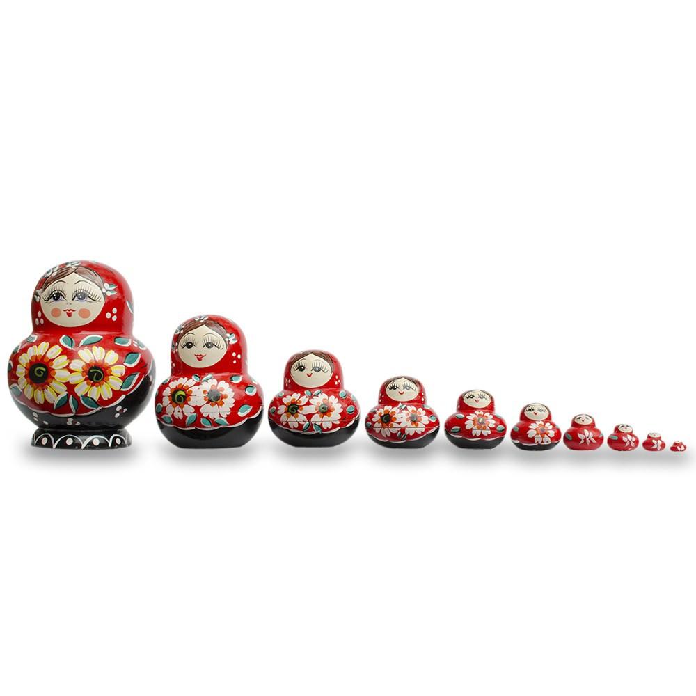 Set of 10 Daisy Flowers on Red Dress Nesting Dolls  7 Inches in Red color