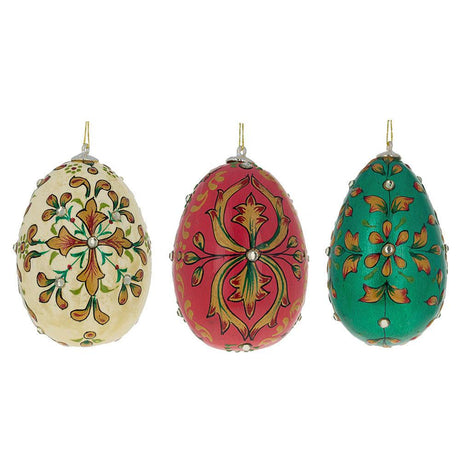 Wood Set of 3 Embossed Wooden Egg Ornaments in Multi color Oval