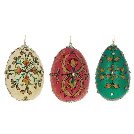 Set of 3 Embossed Wooden Egg Ornaments in Multi color Oval