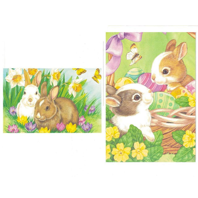 Paper 2 Bunnies with Butterflies and Bunnies Laying in Flowers Greeting Cards in Multi color Rectangular