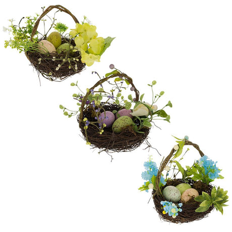 Set of 3 Easter Baskets with Eggs and Spring Flowers in Multi color