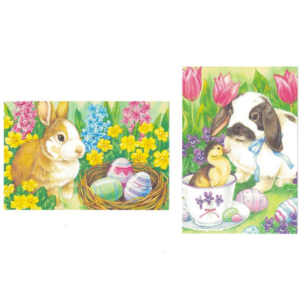 Black and White Bunny w/ Teacup and Brown Bunny w/ Easter Basket Greeting Cards in Multi color, Rectangular shape