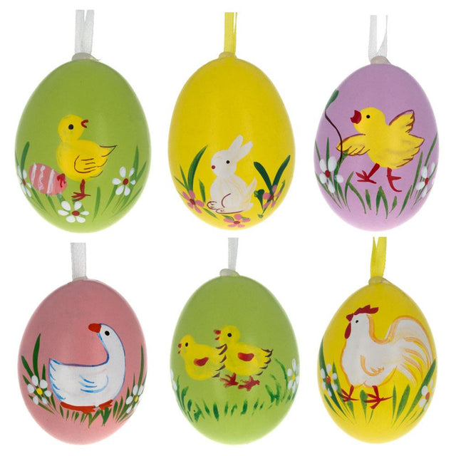 Eggshell Set of 6 Real Eggshell Bunny, Chick and Goose Easter Egg Ornaments in Multi color Oval