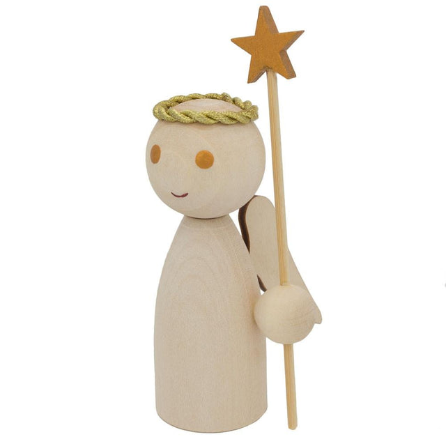 Unfinished Blank Wooden Angel Figurine Holding Star Wand 4.25 Inches in Beige color, Star shape