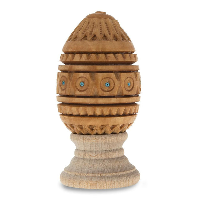 Hand Carved Inlaid Ukrainian Wooden Easter Egg on a Stand in Red color, Oval shape