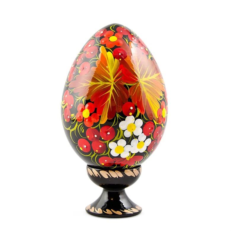 Berries & Golden Leaf Motif Ukrainian Folk Art Wooden Easter Egg in Orange color Oval