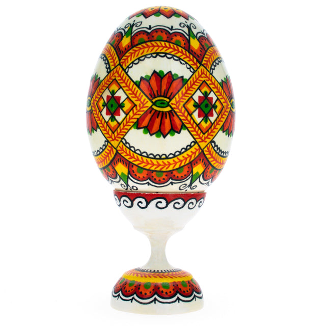 Geometrical Ukrainian Wooden Pysanka Easter Egg on a Stand 3.75 Inches in White color Oval