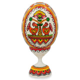 Hen Ukrainian Wooden Easter Egg Pysanka on a Stand 3.75 Inches in White color Oval