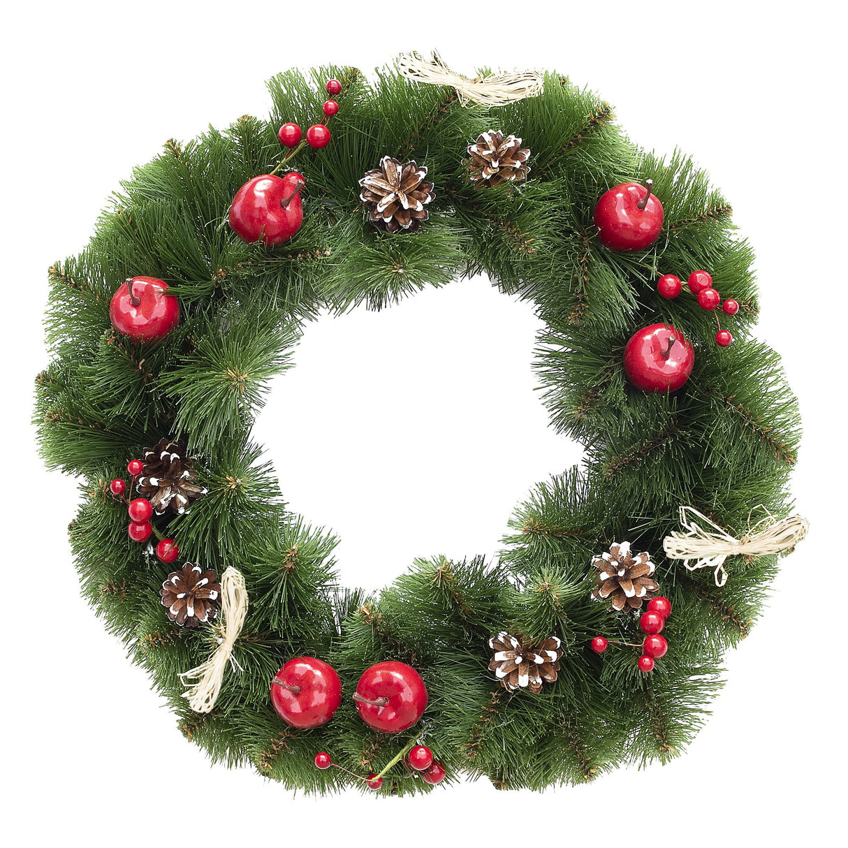 Ukrainian Christmas Wreath with Frosted Straw Bows, Apples & Pine Cones 20 Inches in Green color, Round shape