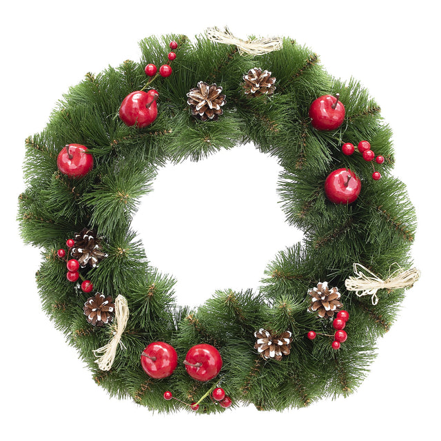 Ukrainian Christmas Wreath with Frosted Straw Bows, Apples & Pine Cones 20 Inches in Green color, Round shape